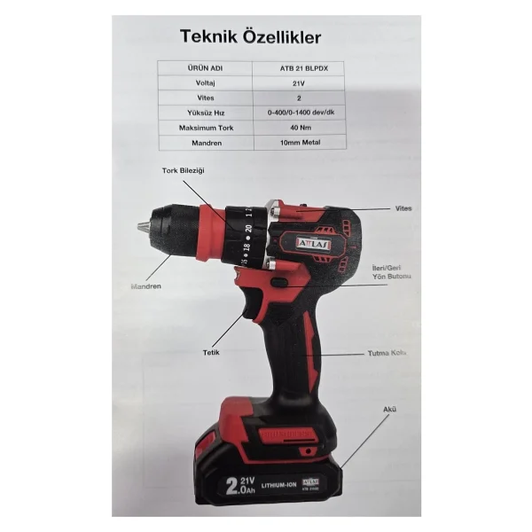 Attlas Atb 21 Blpdx-202c 2 X 2.0 Ah Çift Akülü Kömürsüz Darbeli Matkap + V-Line 103 Parça Karışık Aksesuar Seti - Görsel 4