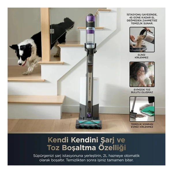 Shark Pet Başlıklı Şarjlı Dikey Süpürge - Otomatik Toz Boşaltmalı, Güçlü Emişli Kablosuz Süpürge - Siyah - Görsel 2