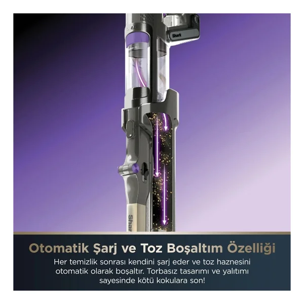 Shark Pet Başlıklı Şarjlı Dikey Süpürge - Otomatik Toz Boşaltmalı, Güçlü Emişli Kablosuz Süpürge - Siyah - Görsel 3