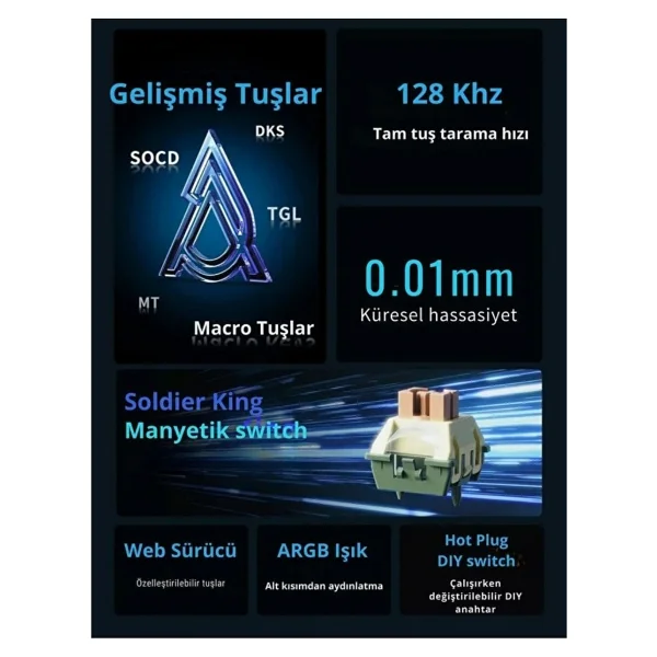 Ajazz AK980 Max HE Contour Beyaz RGB Magnetic Frost Switch Kablolu Mekanik Oyuncu Klavyesi - Görsel 5