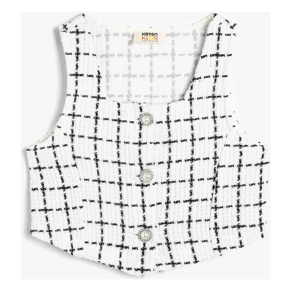 Koton Crop Tüvit Bluz Kolsuz İnci Düğme Detaylı - Görsel 3