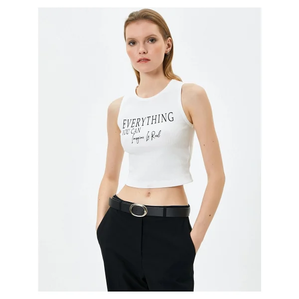 Koton Halter Yaka Atlet Crop Slogan Baskılı Pamuklu - Beyaz - Görsel 3
