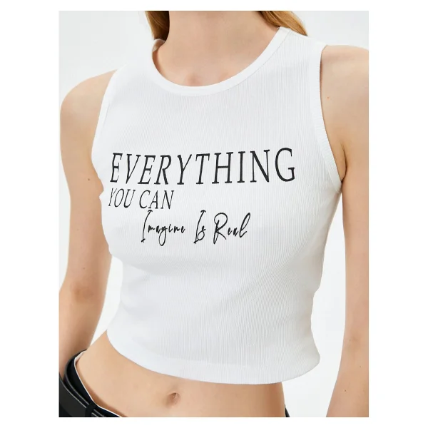 Koton Halter Yaka Atlet Crop Slogan Baskılı Pamuklu - Beyaz - Görsel 5