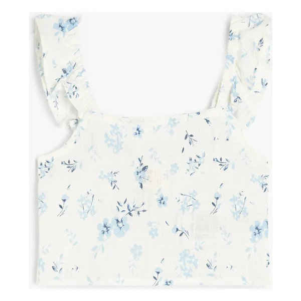 Koton Pamuklu Kare Yaka Fırfır Detaylı Çiçek Desenli Crop Bluz - Ekru - 4 - 5 Yaş