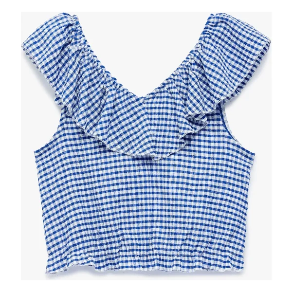 Koton Fırfırlı Kolsuz Düşük Omuz Ekoseli Crop Bluz - Kırmızı - 11 - 12 Yaş - Görsel 9