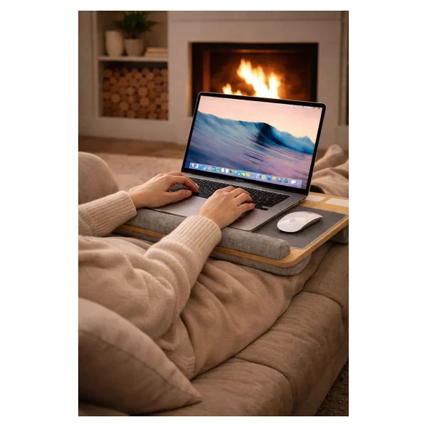 Hodbehod Portatif Laptop Sehpası Tablet Bölmeli Yastıklı Notebook Masası - Y: 24 Cm D: 35 Cm G: 55 Cm - Meşe - Görsel 7