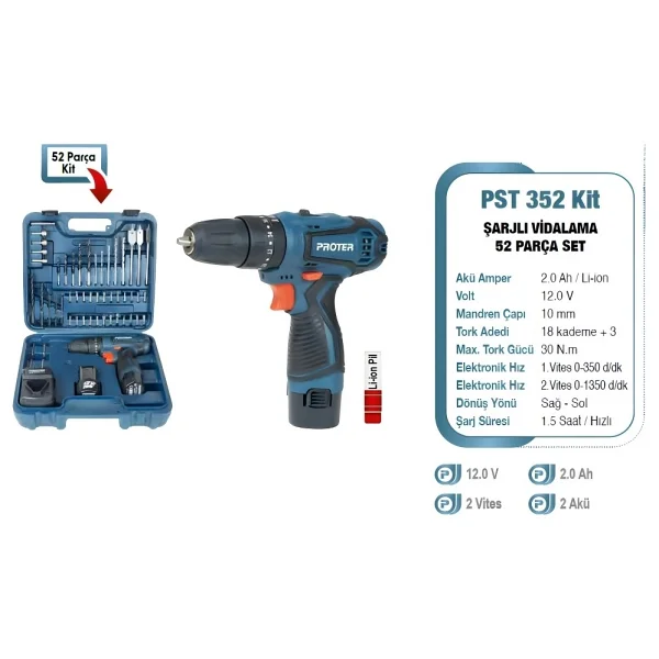 Proter Pst 352 Kit 12 V 2.0 Ah Li-İon Pil 2 Vts Darb.Şarjlı (52 Parça Set) P1ea111 - Görsel 4