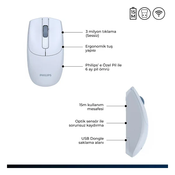 Philips Spk7398 Mavi Sessiz Optik Kablosuz Mouse - Görsel 3