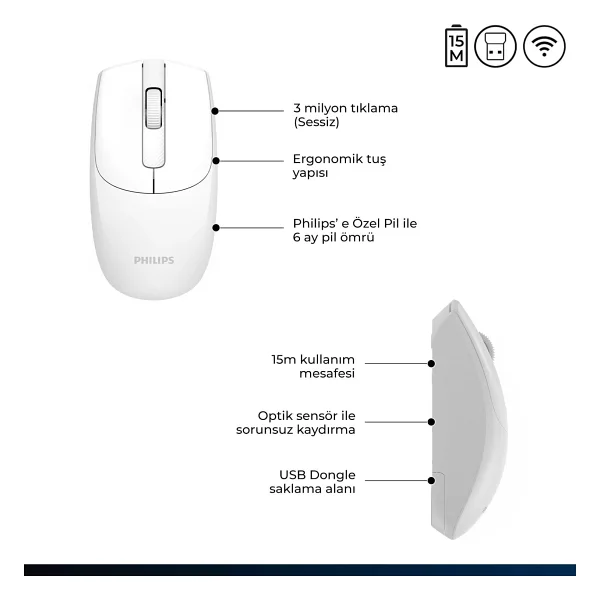 Philips Spk7398 Beyaz Sessiz Optik Kablosuz Mouse - Görsel 3