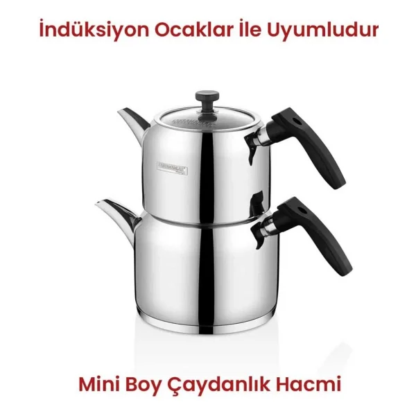 Kahramanlar Delux Mini Boy Çaydanlık Takımı 18/10 Paslanmaz Çelik Siyah Renk 4 Parça - Görsel 2