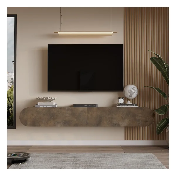 Yurupa Lumos 180 Cm Oval Kapaklı TV Ünitesi Modern Duvara Monte TV Sehpası Kumsal Lum1-Co - Bej - Görsel 9