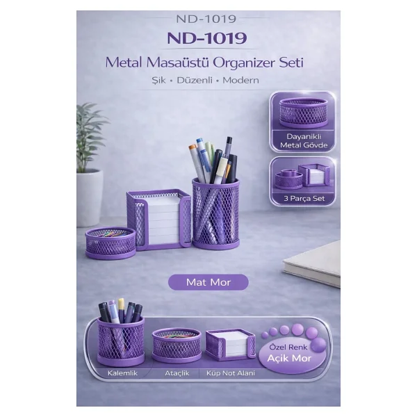 Need Nd-1019 Masaüstü Perfore 3'lü Mor Kalemlik Seti - Görsel 2