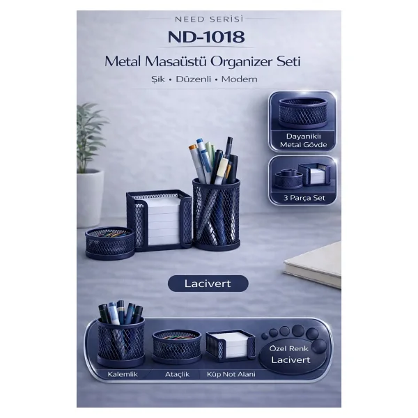 Need Nd-1018 Masaüstü Perfore 3lü Lacivert Kalemlik Seti - Görsel 3