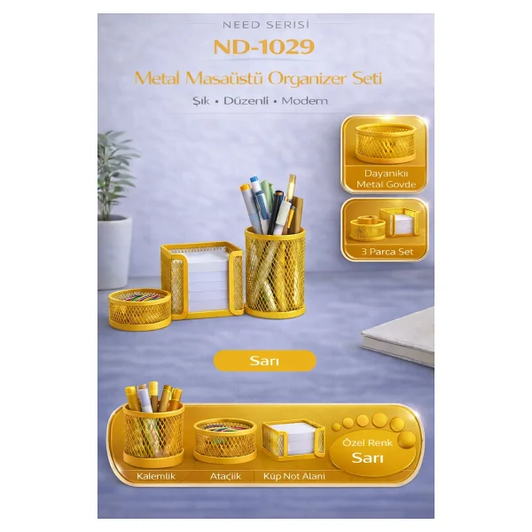 Need Nd-1029 Masaüstü Perfore 3'lü Sarı Kalemlik Seti - Görsel 6