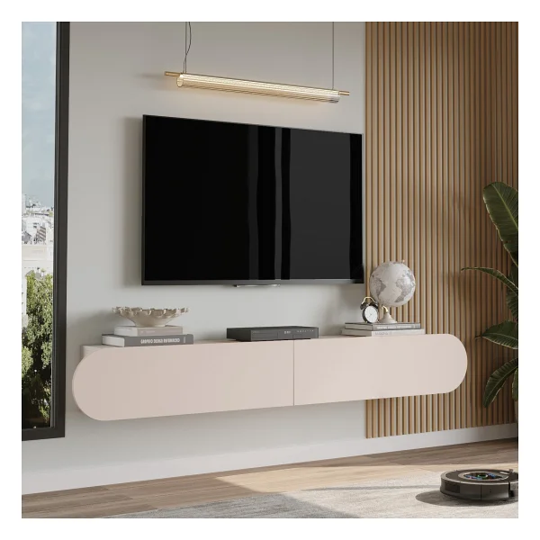 Yurupa Lumos 180 Cm Oval Kapaklı TV Ünitesi Modern Duvara Monte TV Sehpası Kumsal Lum1-Co - Bej - Görsel 2