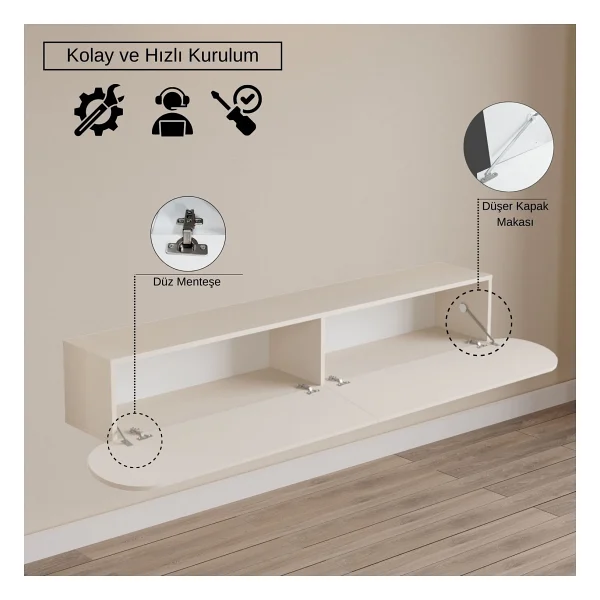 Yurupa Lumos 180 Cm Oval Kapaklı TV Ünitesi Modern Duvara Monte TV Sehpası Kumsal Lum1-Co - Bej - Görsel 4