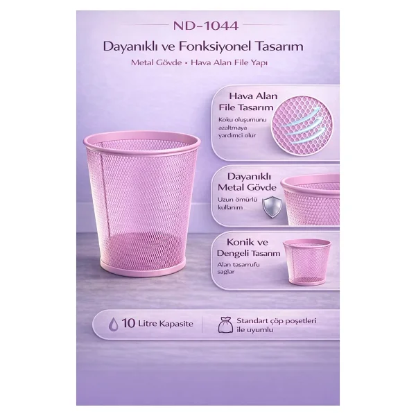 Need Tam Delikli Metal Fileli Toz Pembe Çöp Kovası - Nd-1044 - Standart - Görsel 9