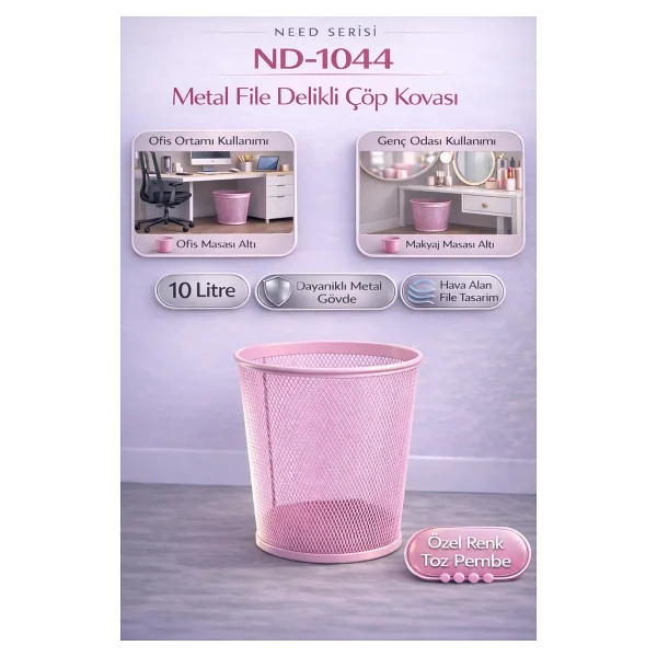 Need Tam Delikli Metal Fileli Toz Pembe Çöp Kovası - Nd-1044 - Standart - Görsel 2