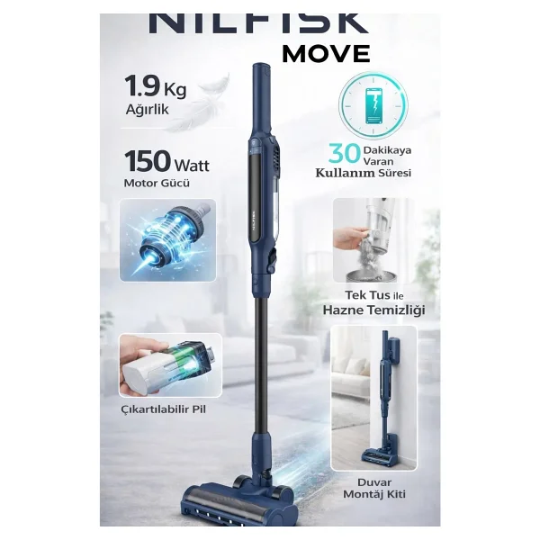Nilfisk Move Dark Blue Şarjlı Dikey Süpürge - Görsel 9