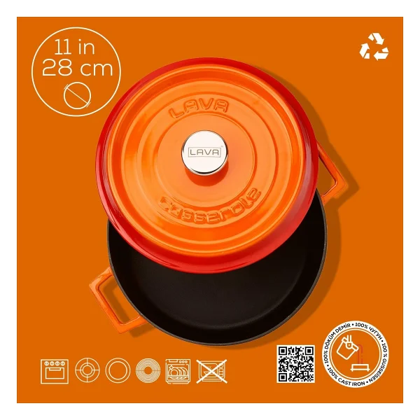 Lava Trendy Turuncu 28 Cm Yayvan Döküm Tencere - Görsel 8