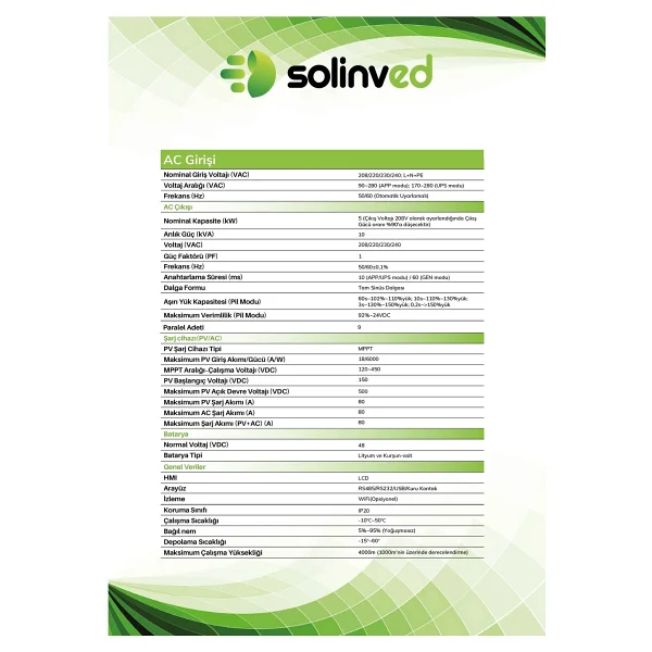 Solinved Gordion 5 Kw Mppt 48 V Off-Grid Monofaze Akıllı Inverter - Görsel 3