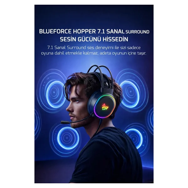 Blueforce Hopper RGB 7.1 USB Kablolu Kulak Üstü Oyuncu Kulaklığı - Görsel 3