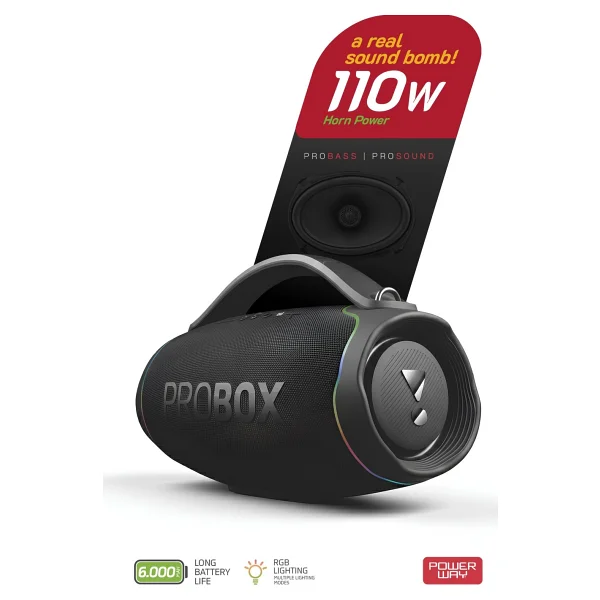 Powerway Probox 110w Güç USB Hafıza Kartı Aux Fm LED Işıklı Bluetooth Hoparlör Hi-Fi Ses Bombası - Siyah - Görsel 9