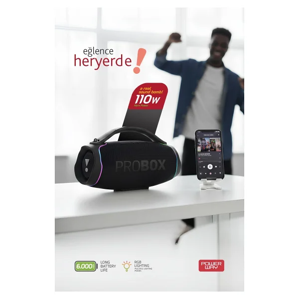 Powerway Probox 110w Güç USB Hafıza Kartı Aux Fm LED Işıklı Bluetooth Hoparlör Hi-Fi Ses Bombası - Siyah - Görsel 3