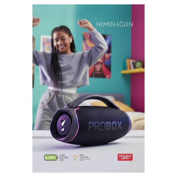 Powerway Probox 110w Güç USB Hafıza Kartı Aux Fm LED Işıklı Bluetooth Hoparlör Hi-Fi Ses Bombası - Siyah - Görsel 4