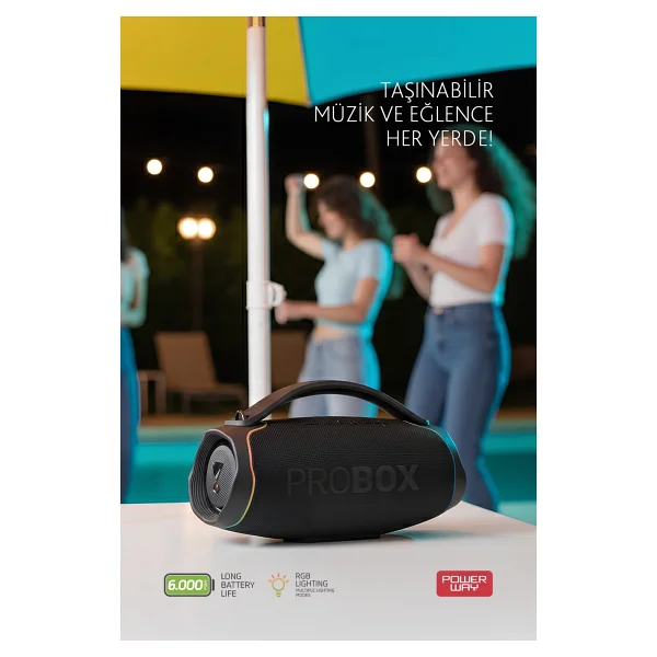 Powerway Probox 110w Güç USB Hafıza Kartı Aux Fm LED Işıklı Bluetooth Hoparlör Hi-Fi Ses Bombası - Siyah - Görsel 6