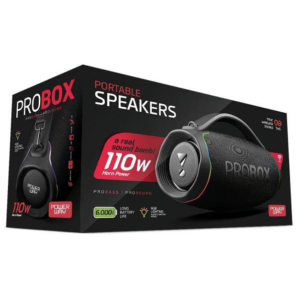 Powerway Probox 110w Güç USB Hafıza Kartı Aux Fm LED Işıklı Bluetooth Hoparlör Hi-Fi Ses Bombası - Siyah - Görsel 7