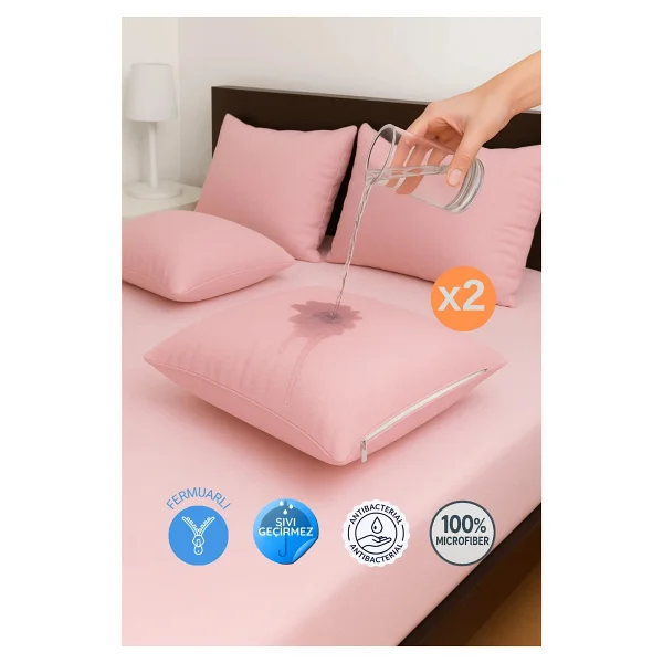Formeya 2'li Fermuarlı Sıvı Geçirmez Yastık Alezi Yastık Koruyucu - 50 X 70 - Pembe - Görsel 2