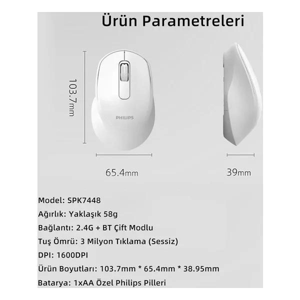 Philips Spk7448 Beyaz Sessiz Optik Kablosuz Mouse - Görsel 2