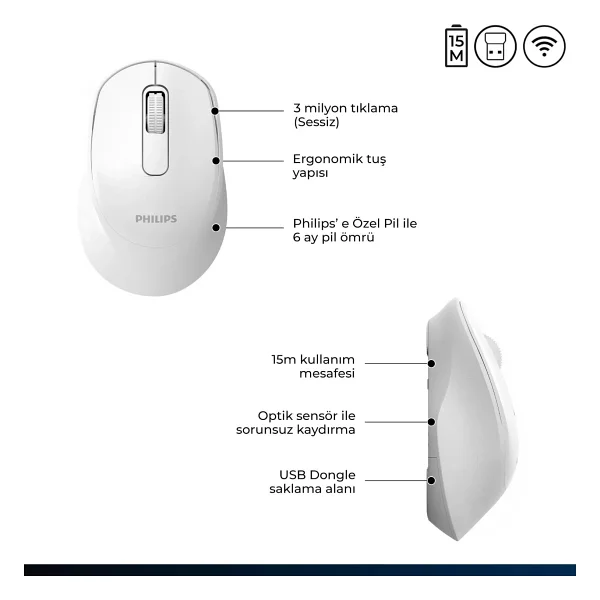Philips Spk7448 Beyaz Sessiz Optik Kablosuz Mouse - Görsel 6