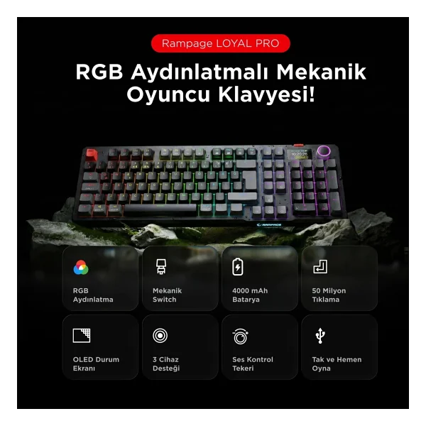 Rampage Loyal Pro Gri-Siyah RGB Red Switch Kablosuz Mekanik Oyuncu Klavyesi - Görsel 3