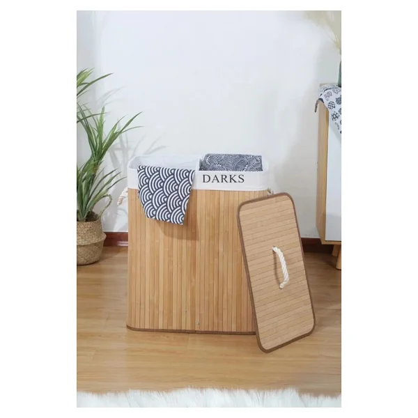 Bambu Kirli Temiz Bölmeli Çamaşır Sepeti 32x52x60 - Bej - Görsel 7