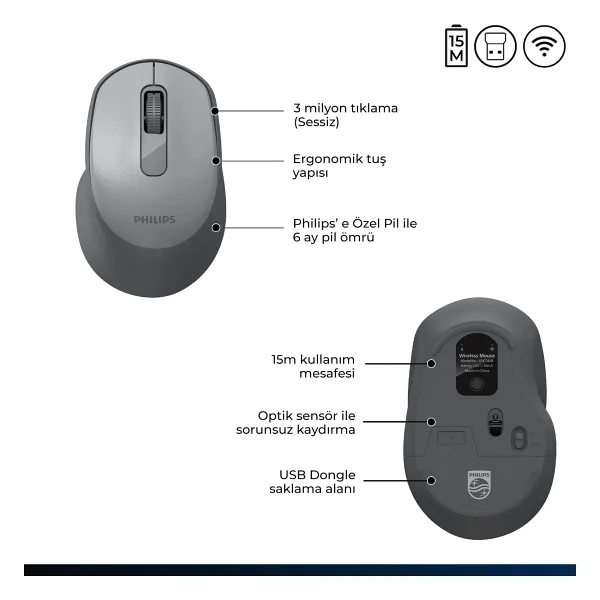 Philips Spk7448g Gri Sessiz Optik Kablosuz Mouse - Görsel 6