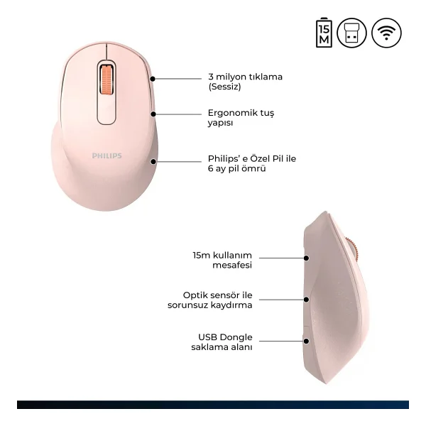Philips Spk7448 Pembe Sessiz Optik Kablosuz Mouse - Görsel 5