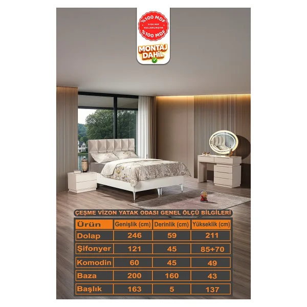 İmbaş Çeşme Vizon Yatak Odası Takmı %100 Mdf - Bazalı - Görsel 5