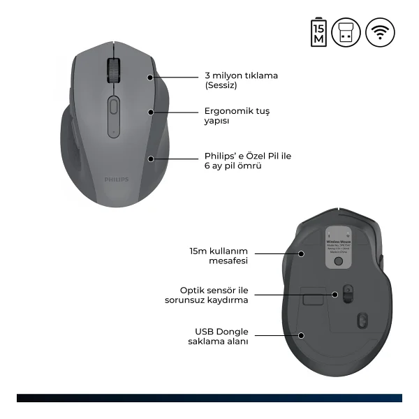 Philips Spk7547 Gri Optik Kablosuz Mouse - Görsel 6