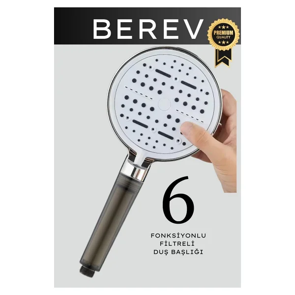 Berev 6 Fonksiyonlu Filtreli Krom Duş Başlığı Su Tasarruflu Basınçlı Kireç Klor Önleyici - Görsel 2