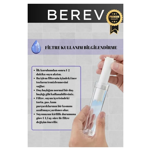 Berev 6 Fonksiyonlu Filtreli Krom Duş Başlığı Su Tasarruflu Basınçlı Kireç Klor Önleyici - Görsel 4