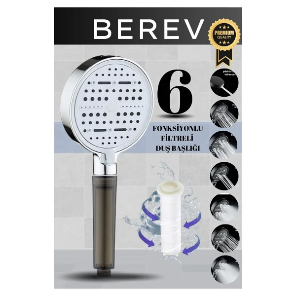 Berev 6 Fonksiyonlu Filtreli Krom Duş Başlığı Su Tasarruflu Basınçlı Kireç Klor Önleyici - Görsel 6