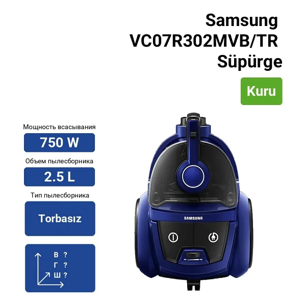 Samsung Vc07r302mvb/Tr Toz Torbasız Elektrikli Süpürge Mavi 2.5 L Toz Haznesi İle Güçlü Emiş Teknolojisi - Görsel 4