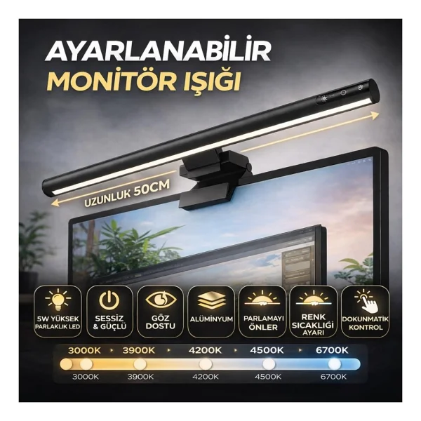 Coofbe Alüminyum 50cm Ayarlanabilir LED Monitör Işığı Lambası İ-Wok Kademeli Parlaklık Ayarlı PC Ekran Işığı - Görsel 6