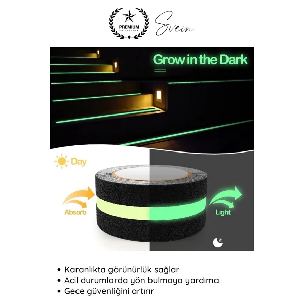 Svein #Bant 1 Adet Fosforlu Kaydırmaz Merdiven Bandı 5 Cm X 3 M Fotolümenli Yeşil Zemin Güvenlik Basamak - Görsel 2