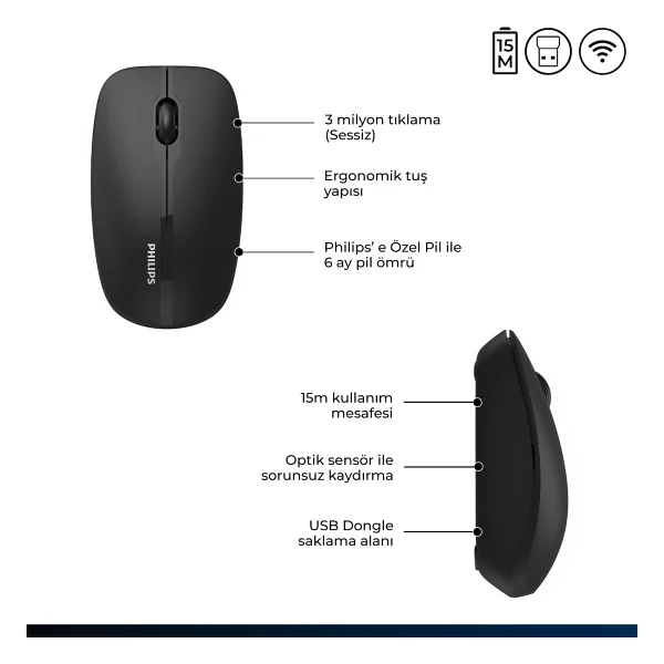 Philips Spk7418 Siyah Sessiz Optik Kablosuz Mouse - Görsel 4