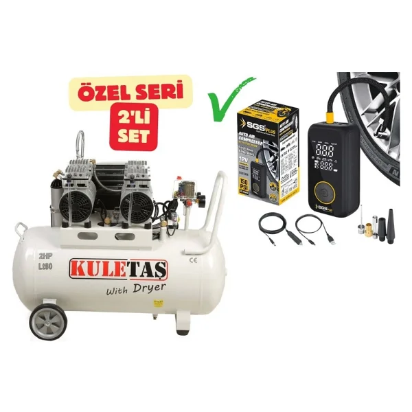 Kuletaş Kompresör Çift Motorlu 60 Litre Süper Sessiz Yağsız + Şarjlı Hava Kompresörü - Özel Seri - Görsel 2