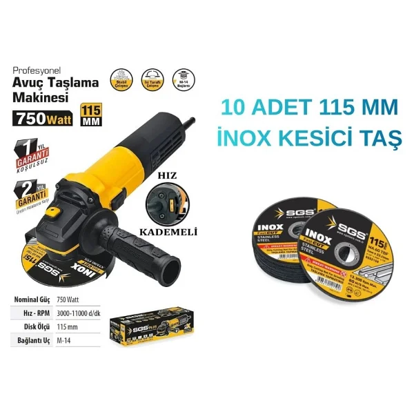 Sgs 5111 Avuç Taşlama 115 Mm 750 Watt Devir Ayarlı + Sgs İnox 115 Mm Kesici Taş 10 Adet - Görsel 2