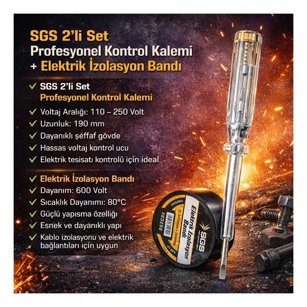 Sgs 2'li Set Profesyonel Kontrol Kalemi + Elektrik Izolasyon Bandı - ELEKTRİK BANDI VE ELEKTRİK KONTROL KALEMİ - Görsel 3